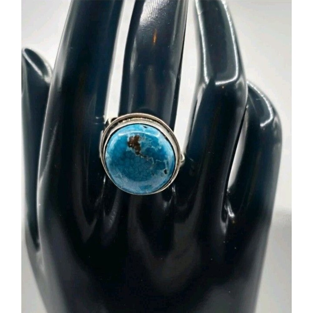 Native American Classic Ring - 925 Silver - Genuine Blue Turquoise Stone Size 12